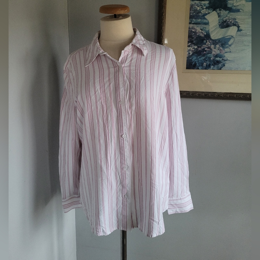Tahari Women's Pink and White Striped Button-Up Shirt Size XL